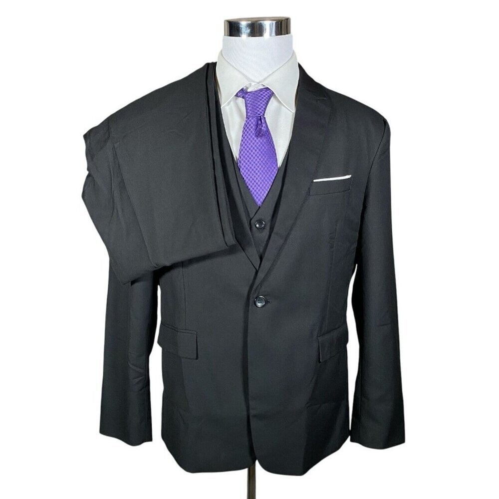 MAGE MALE Men's 3 Piece Suit One Button Formal Black Size XL (Chest 44, Pant 34)
